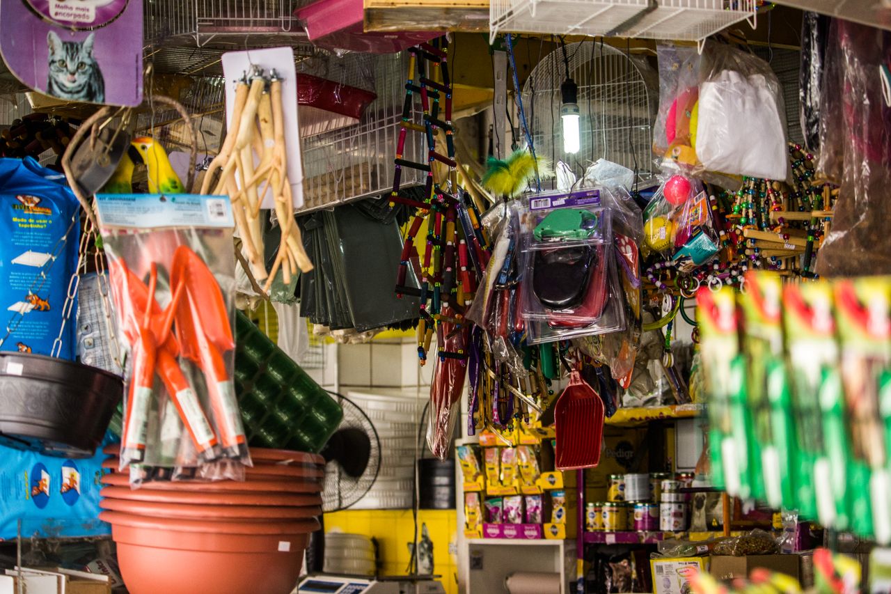 our-story Vibrant pet shop scene featuring various animal supplies and merchandise arranged on shelves.